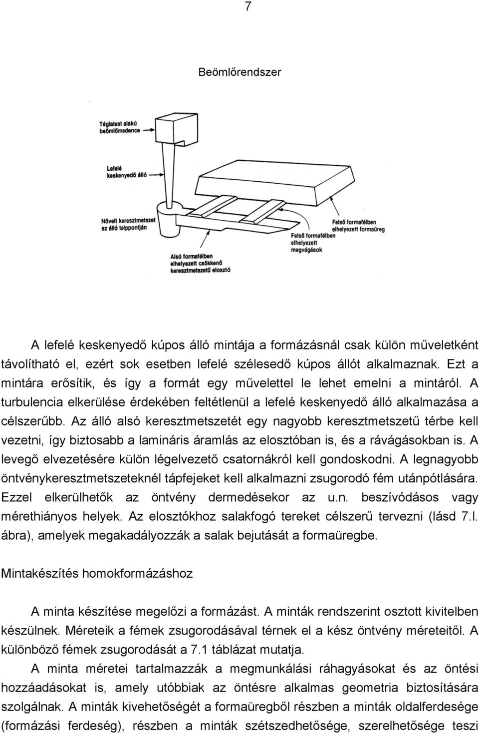 Az álló alsó keresztmetszetét egy nagyobb keresztmetszetű térbe kell vezetni, így biztosabb a lamináris áramlás az elosztóban is, és a rávágásokban is.