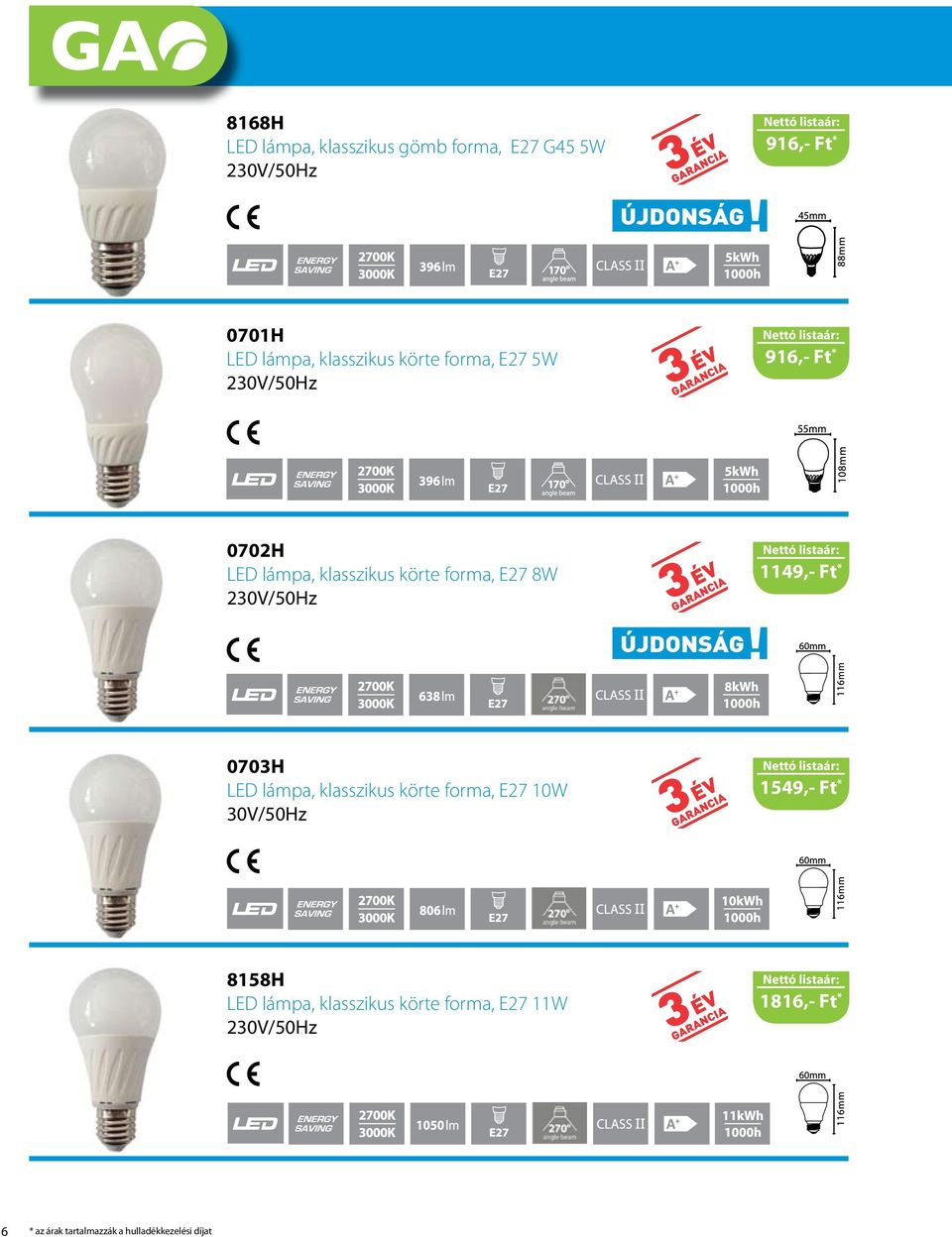 0703H LED lámpa, klasszikus körte forma, E27 10W 30V/50Hz 1549,- Ft * 8158H LED lámpa,