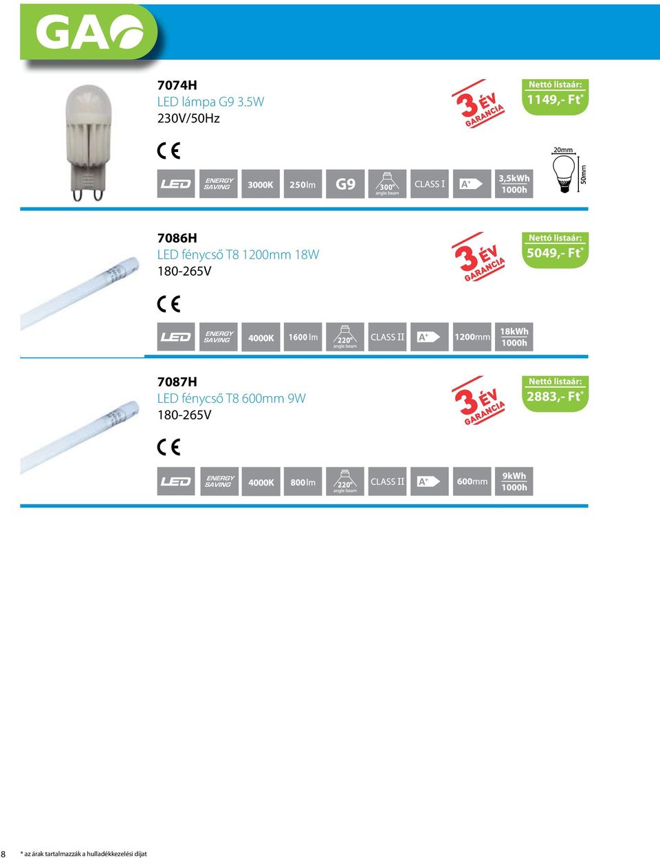 180-265V 5049,- Ft * 7087H LED fénycső T8 600mm