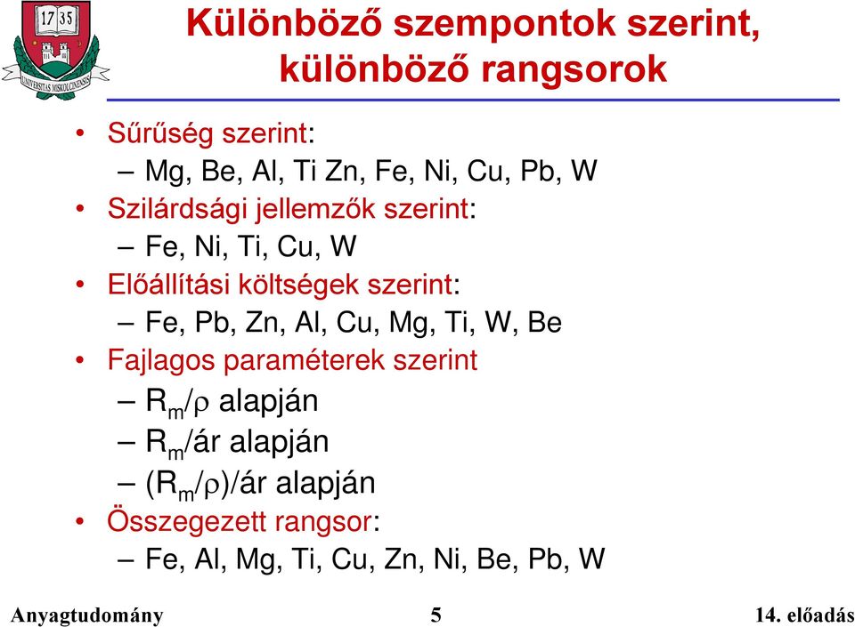 szerint: Fe, Pb, Zn, Al, Cu, Mg, Ti, W, Be Fajlagos paraméterek szerint R m / alapján R m