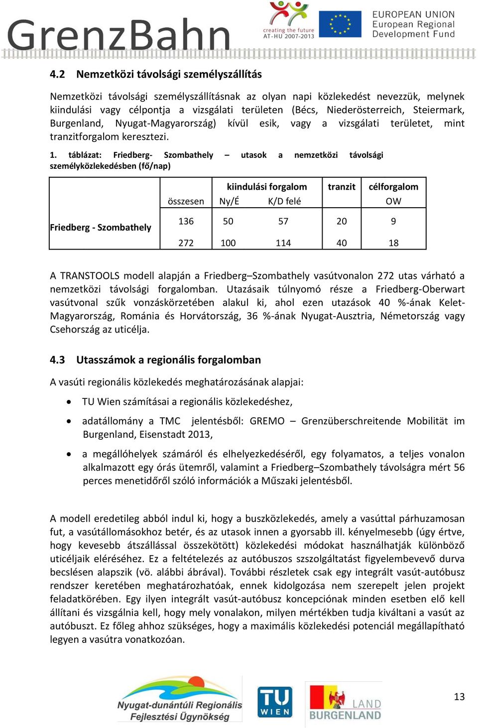 táblázat: Friedberg- Szombathely utasok a nemzetközi távolsági személyközlekedésben (fő/nap) kiindulási forgalom tranzit célforgalom összesen Ny/É K/D felé OW Friedberg - Szombathely 136 50 57 20 9