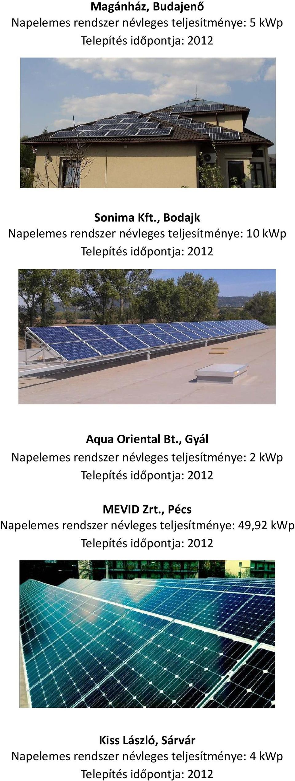 Bt., Gyál Napelemes rendszer névleges teljesítménye: 2 kwp MEVID Zrt.