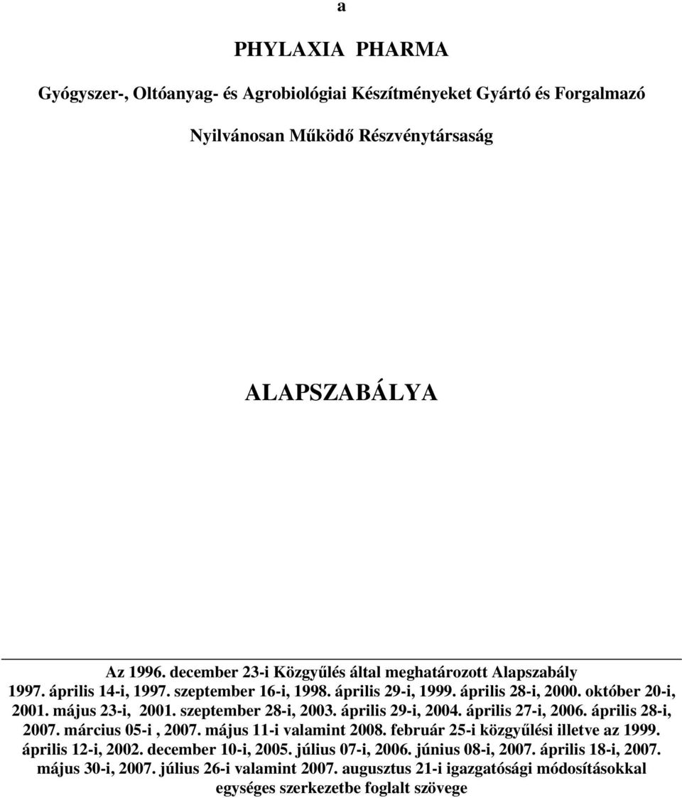 szeptember 28-i, 2003. április 29-i, 2004. április 27-i, 2006. április 28-i, 2007. március 05-i, 2007. május 11-i valamint 2008. február 25-i közgylési illetve az 1999.