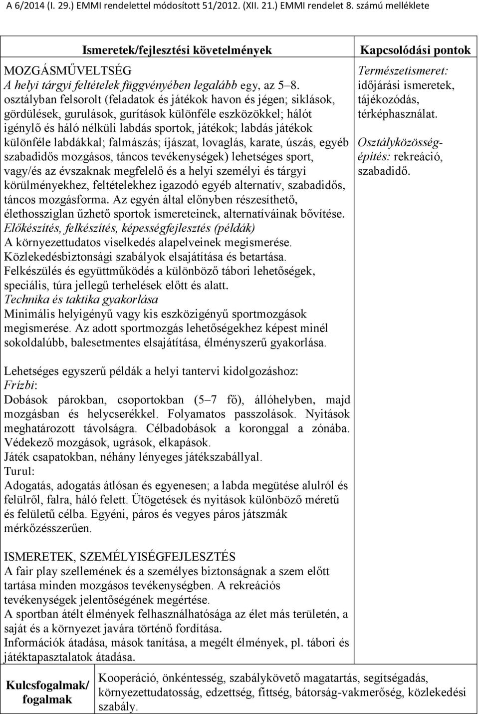 különféle labdákkal; falmászás; íjászat, lovaglás, karate, úszás, egyéb szabadidős mozgásos, táncos tevékenységek) lehetséges sport, vagy/és az évszaknak megfelelő és a helyi személyi és tárgyi