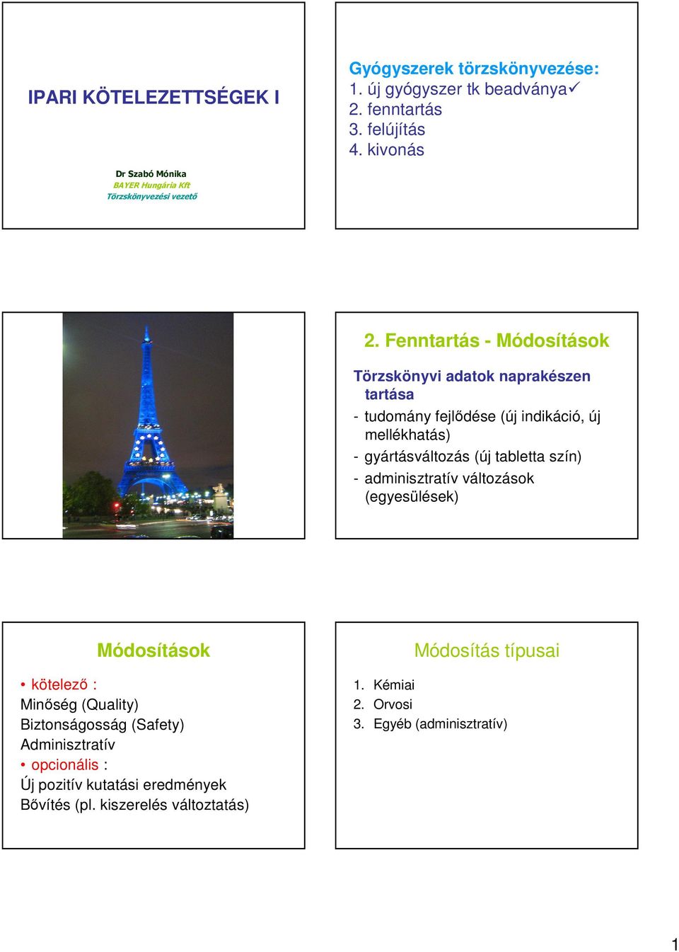 Fenntartás - Módosítások Törzskönyvi adatok naprakészen tartása - tudomány fejlıdése (új indikáció, új mellékhatás) - gyártásváltozás (új tabletta