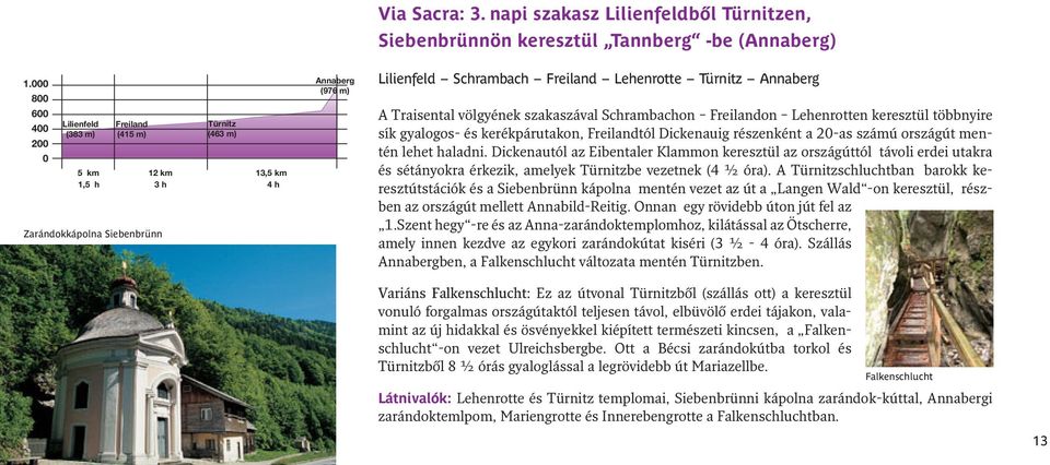 Türnitz Annaberg A Traisental völgyének szakaszával Schrambachon Freilandon Lehenrotten keresztül többnyire sík gyalogos- és kerékpárutakon, Freilandtól Dickenauig részenként a 20-as számú országút