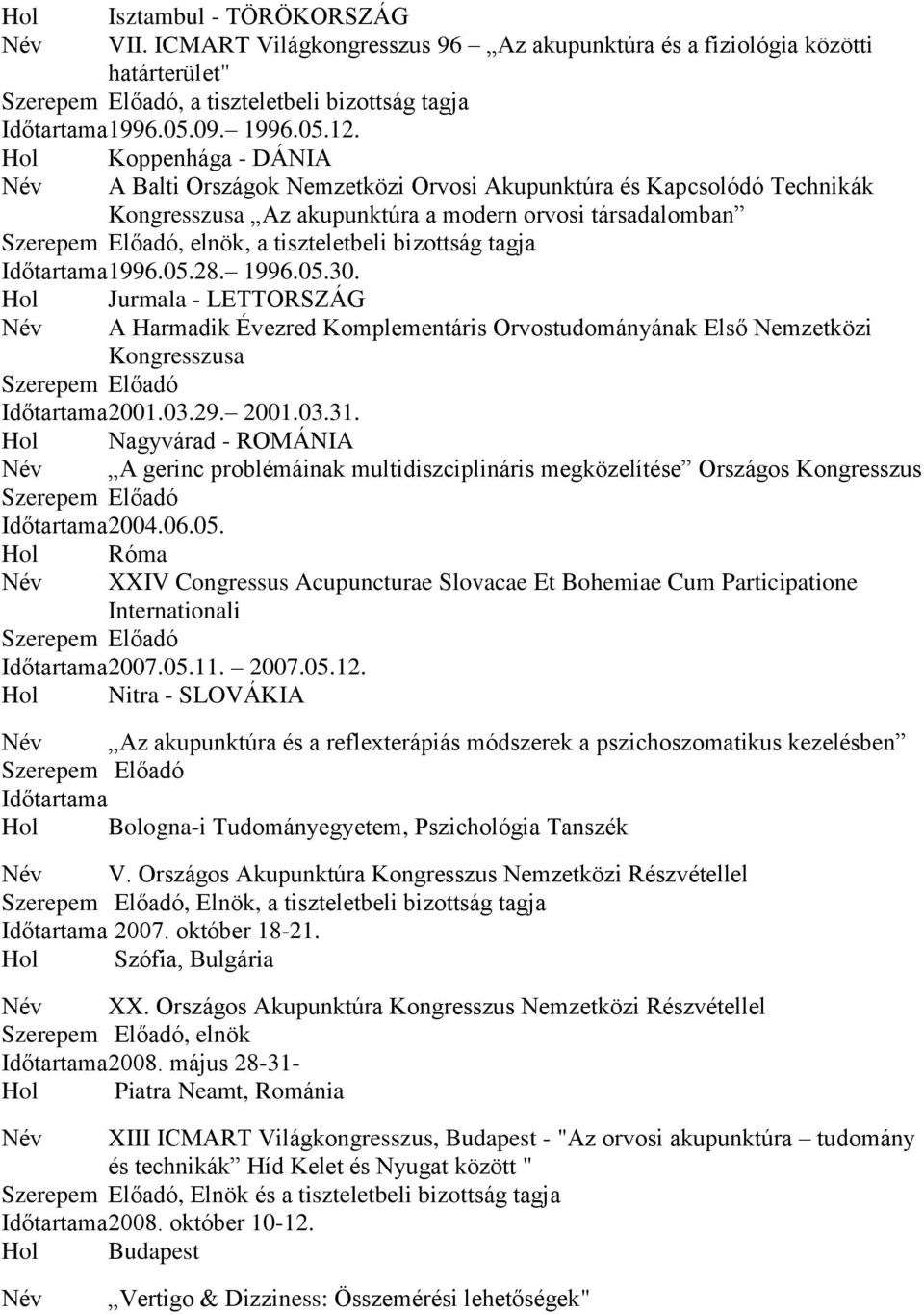 Időtartama 1996.05.28. 1996.05.30. Hol Jurmala - LETTORSZÁG Név A Harmadik Évezred Komplementáris Orvostudományának Első Nemzetközi Kongresszusa Időtartama 2001.03.29. 2001.03.31.