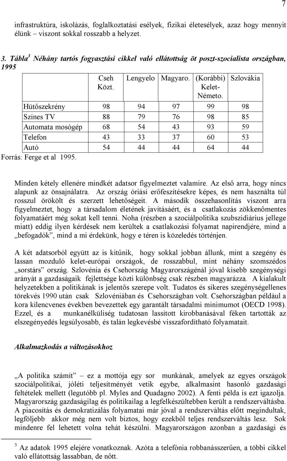 Szlovákia Hütőszekrény 98 94 97 99 98 Színes TV 88 79 76 98 85 Automata mosógép 68 54 43 93 59 Telefon 43 33 37 60 53 Autó 54 44 44 64 44 Forrás: Ferge et al 1995.