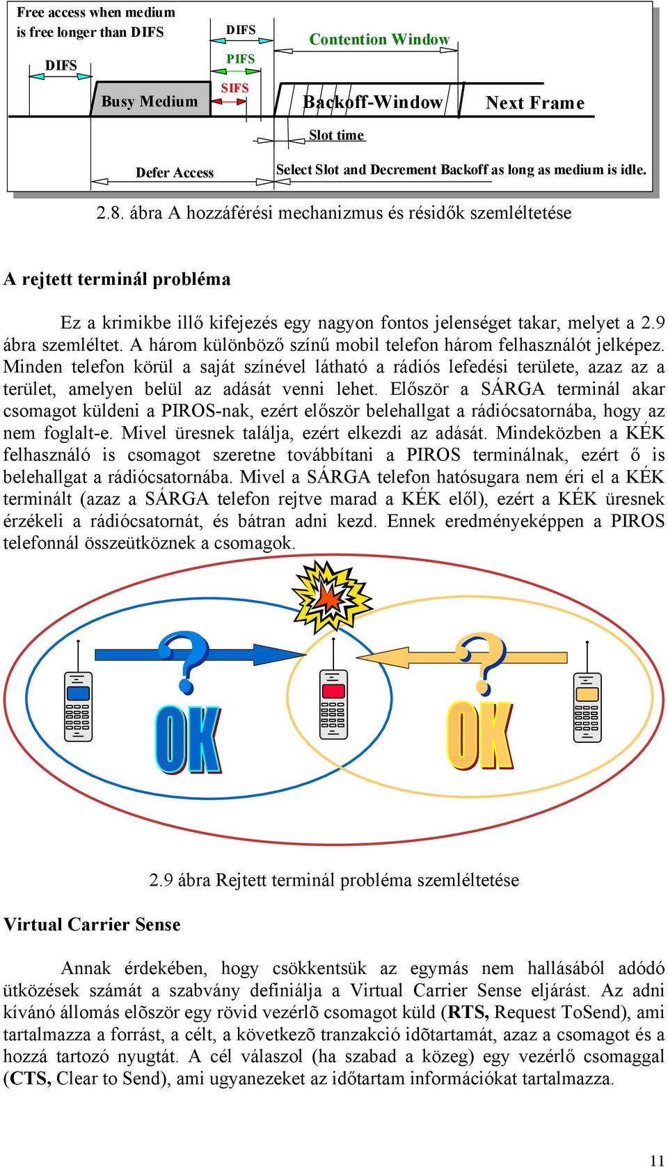 A három különböző színű mobil telefon három felhasználót jelképez. Minden telefon körül a saját színével látható a rádiós lefedési területe, azaz az a terület, amelyen belül az adását venni lehet.