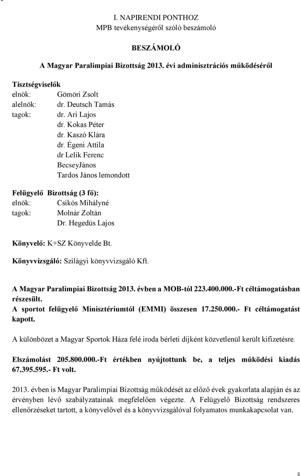 Égeni Attila dr Lelik Ferenc BecseyJános Tardos János lemondott Felügyelő Bizottság (3 fő): elnök: Csikós Mihályné tagok: Molnár Zoltán Dr. Hegedüs Lajos Könyvelő: K+SZ Könyvelde Bt.