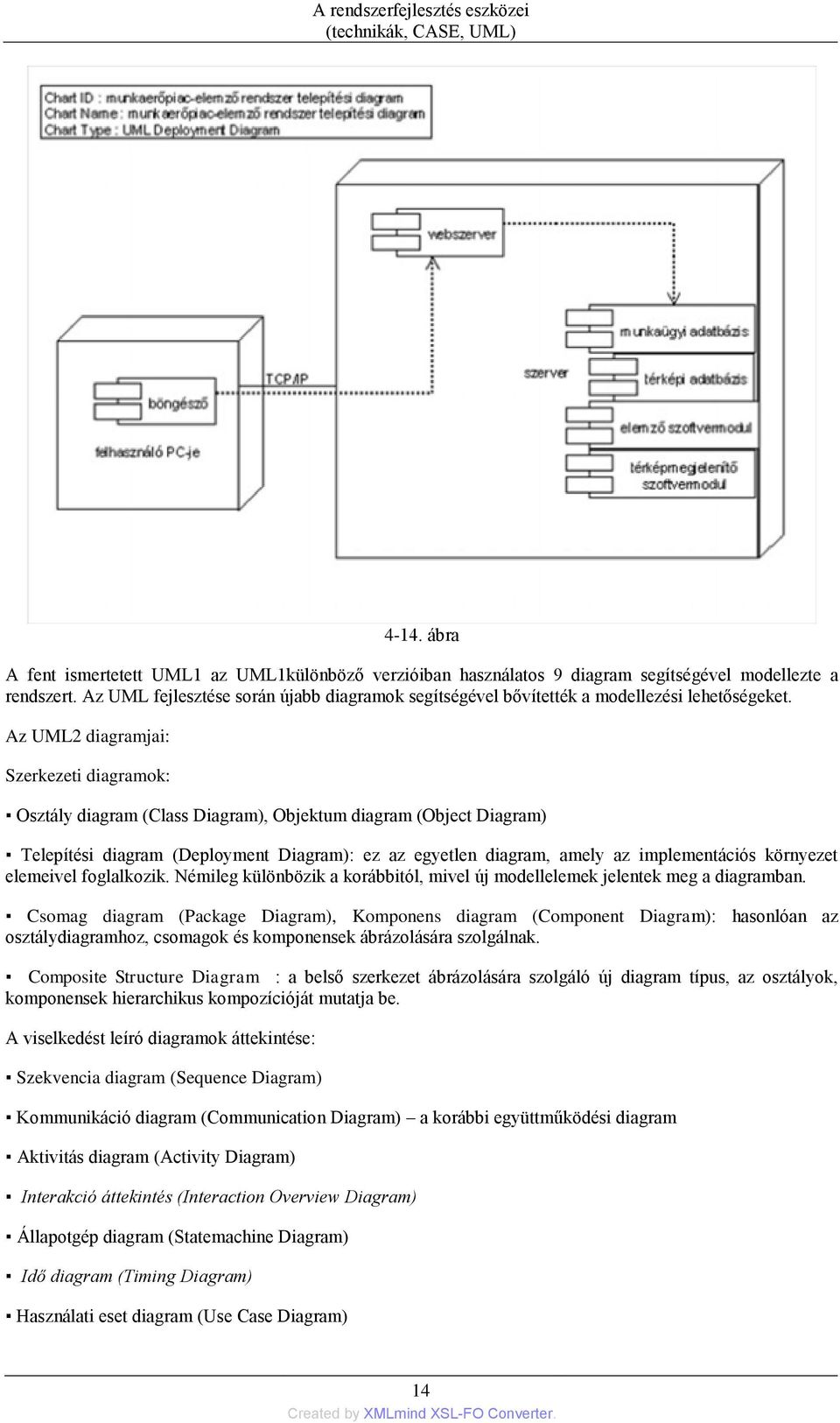 Az UML2 diagramjai: Szerkezeti diagramok: Osztály diagram (Class Diagram), Objektum diagram (Object Diagram) Telepítési diagram (Deployment Diagram): ez az egyetlen diagram, amely az implementációs