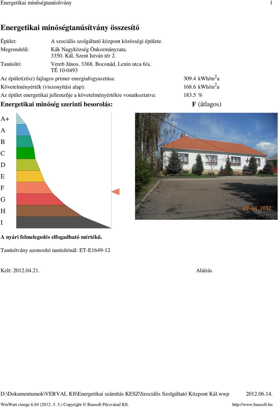TÉ 1-493 Az épület(rész) fajlagos primer energiafogyasztása: Követelményérték (viszonyítási alap): 39.4 kwh/m 2 a 168.