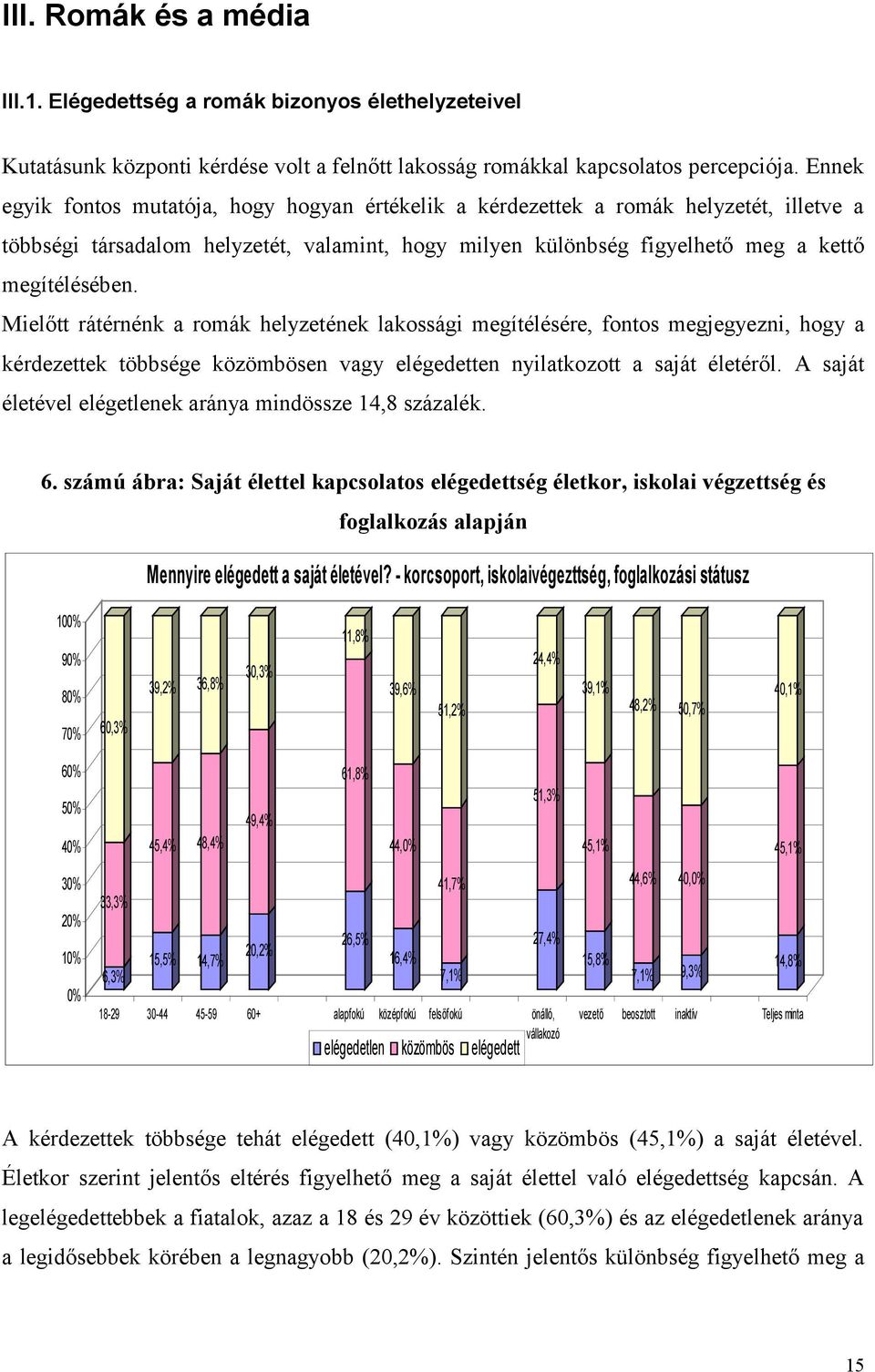 Mielőtt rátérnénk a romák helyzetének lakossági megítélésére, fontos megjegyezni, hogy a kérdezettek többsége közömbösen vagy elégedetten nyilatkozott a saját életéről.