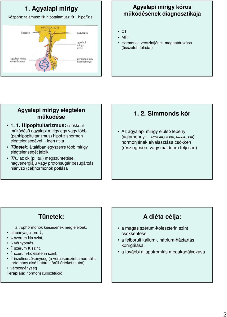 1. Hipopituitarizmus: csökkent működésű agyalapi mirigy egy vagy több (panhipopituitarizmus) hipofízishormon elégtelenségével - igen ritka Tünetek: általában egyszerre több mirigy elégtelenségét