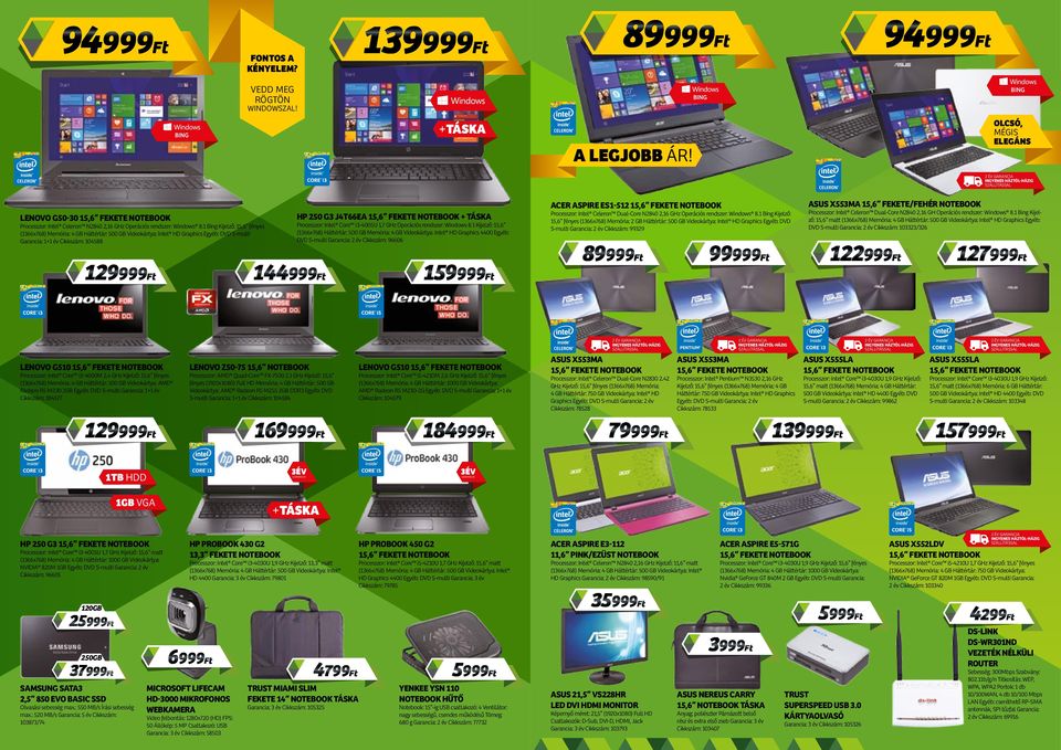 1 Kijelző: 15,6 fényes HD Graphics Egyéb: DVD S-multi Garancia: 1+1 év Ciszám: 104588 1 144999Ft HP 250 G3 J4T66EA 15,6 FEKETE NOTEBOOK + TÁSKA Processzor: Intel Core i3-4005u 1,7 GHz Operációs