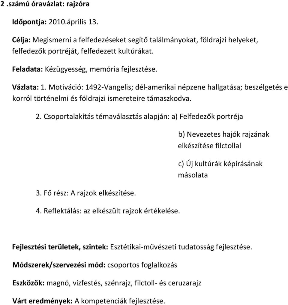 Csoportalakítás témaválasztás alapján: a) Felfedezők portréja 3. Fő rész: A rajzok elkészítése. 4. Reflektálás: az elkészült rajzok értékelése.