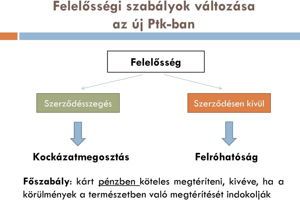 Felróhatóság Főszabály: kárt pénzben köteles megtéríteni,