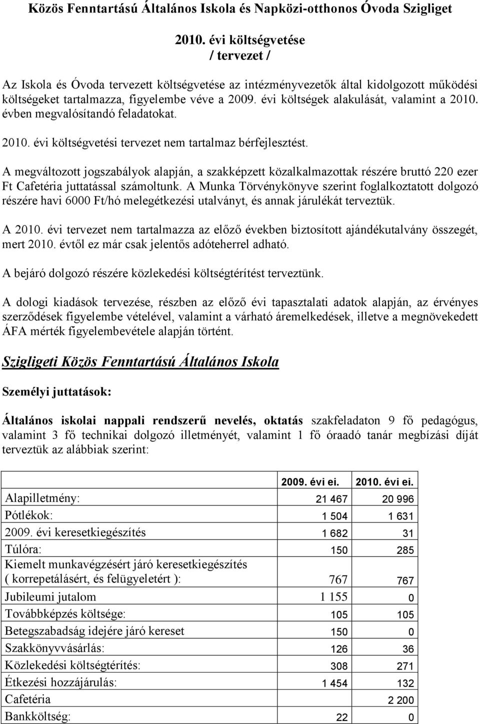 évi költségek alakulását, valamint a 2010. évben megvalósítandó feladatokat. 2010. évi költségvetési tervezet nem tartalmaz bérfejlesztést.