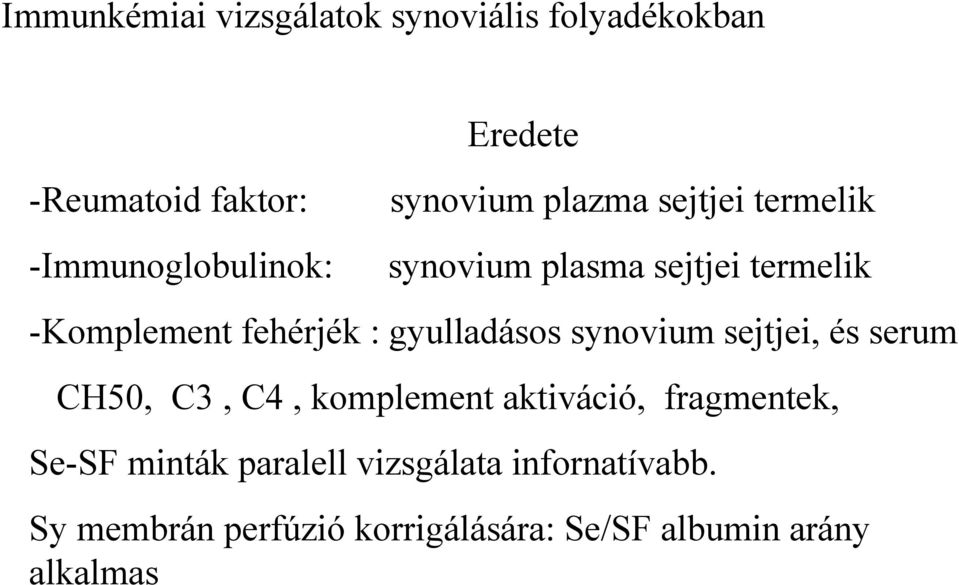 gyulladásos synovium sejtjei, és serum CH50, C3, C4, komplement aktiváció, fragmentek, Se-SF