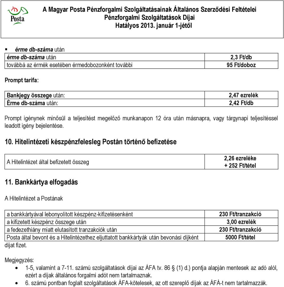 Hitelintézeti készpénzfelesleg Postán történő befizetése A Hitelintézet által befizetett összeg 2,26 ezreléke + 252 Ft/tétel 11.