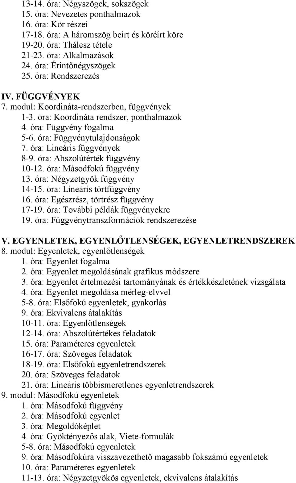 óra: Függvénytulajdonságok 7. óra: Lineáris függvények 8-9. óra: Abszolútérték függvény 10-12. óra: Másodfokú függvény 13. óra: Négyzetgyök függvény 14-15. óra: Lineáris törtfüggvény 16.