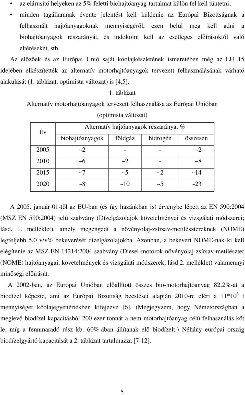 Az elzek és az Európai Unió saját kolajkészletének ismeretében még az EU 15 idejében elkészítették az alternatív motorhajtóanyagok tervezett felhasználásának várható alakulását (1.