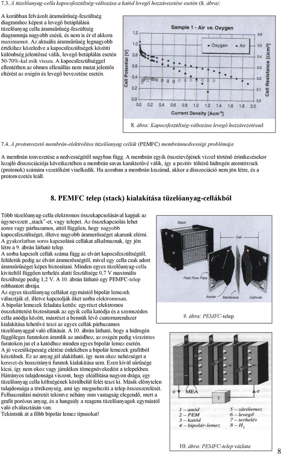 Az aktuális áramsűrűség legnagyobb értékihez közeledve a kapocsfeszültségek közötti különbség jelentőssé válik, levegő betáplálás esetén 50-70%-kal esik vissza.