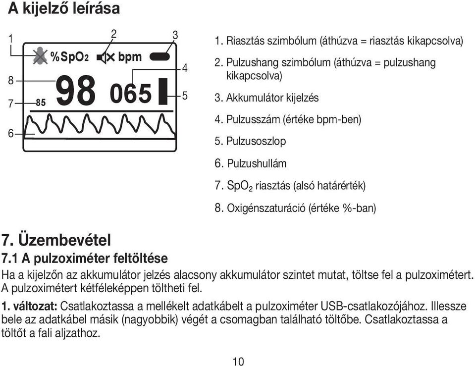 1 A pulzoximéter feltöltése Ha a kijelzőn az akkumulátor jelzés alacsony akkumulátor szintet mutat, töltse fel a pulzoximétert. A pulzoximétert kétféleképpen töltheti fel. 1.