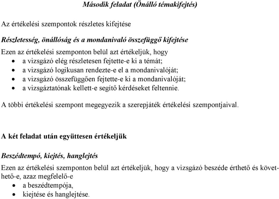 vizsgáztatónak kellett-e segítő kérdéseket feltennie. A többi értékelési szempont megegyezik a szerepjáték értékelési szempontjaival.