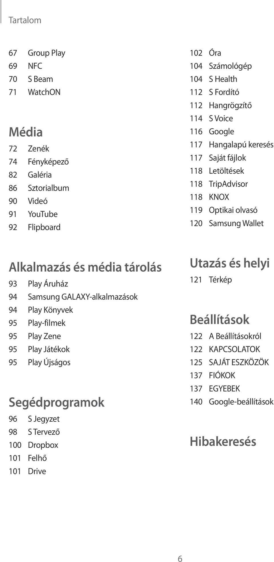 média tárolás 93 Play Áruház 94 Samsung GALAXY-alkalmazások 94 Play Könyvek 95 Play-filmek 95 Play Zene 95 Play Játékok 95 Play Újságos Segédprogramok 96 S Jegyzet 98 S Tervező 100