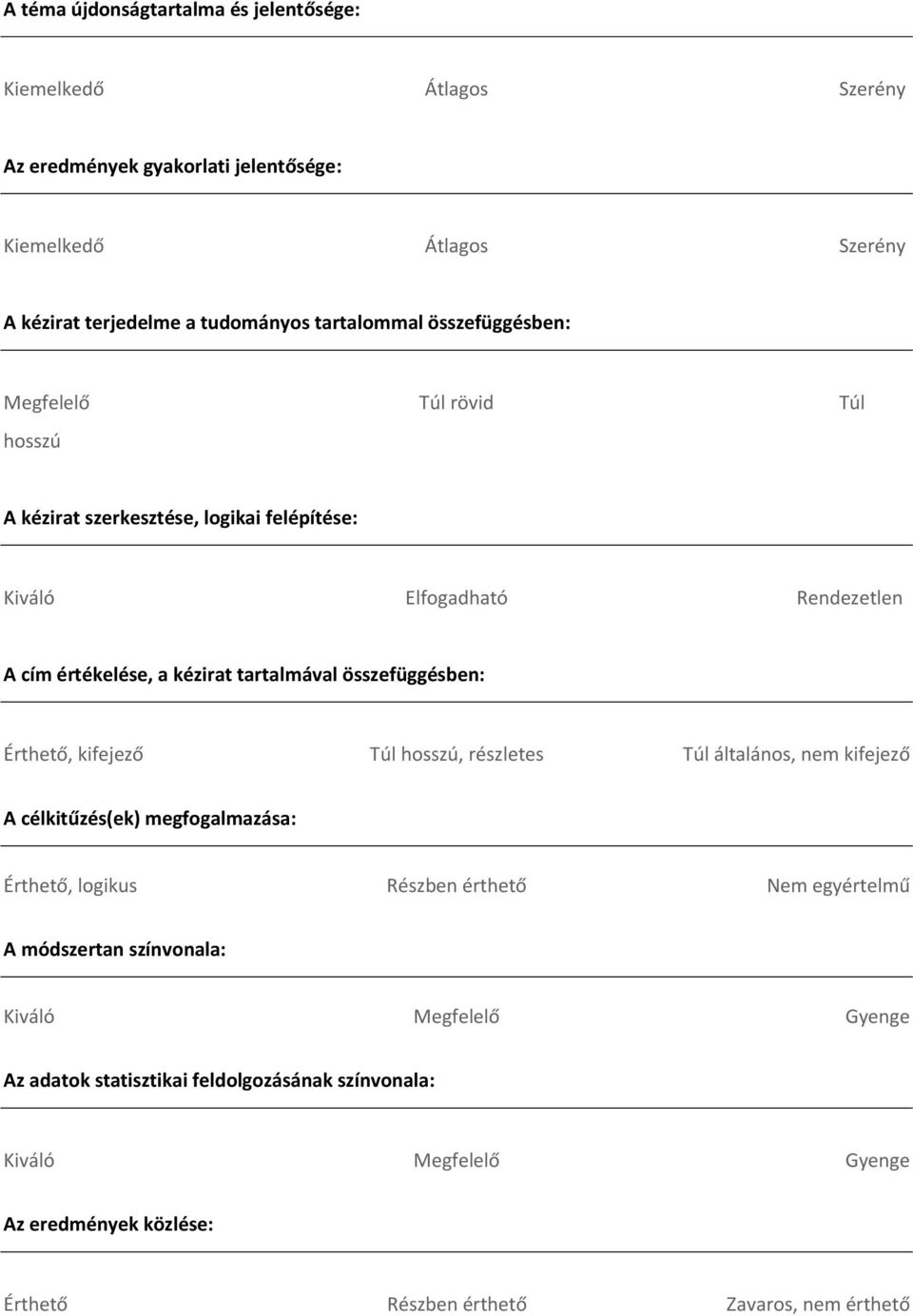 értékelése, a kézirat tartalmával összefüggésben: Érthető, kifejező Túl hosszú, részletes Túl általános, nem kifejező A célkitűzés(ek) megfogalmazása: Érthető,