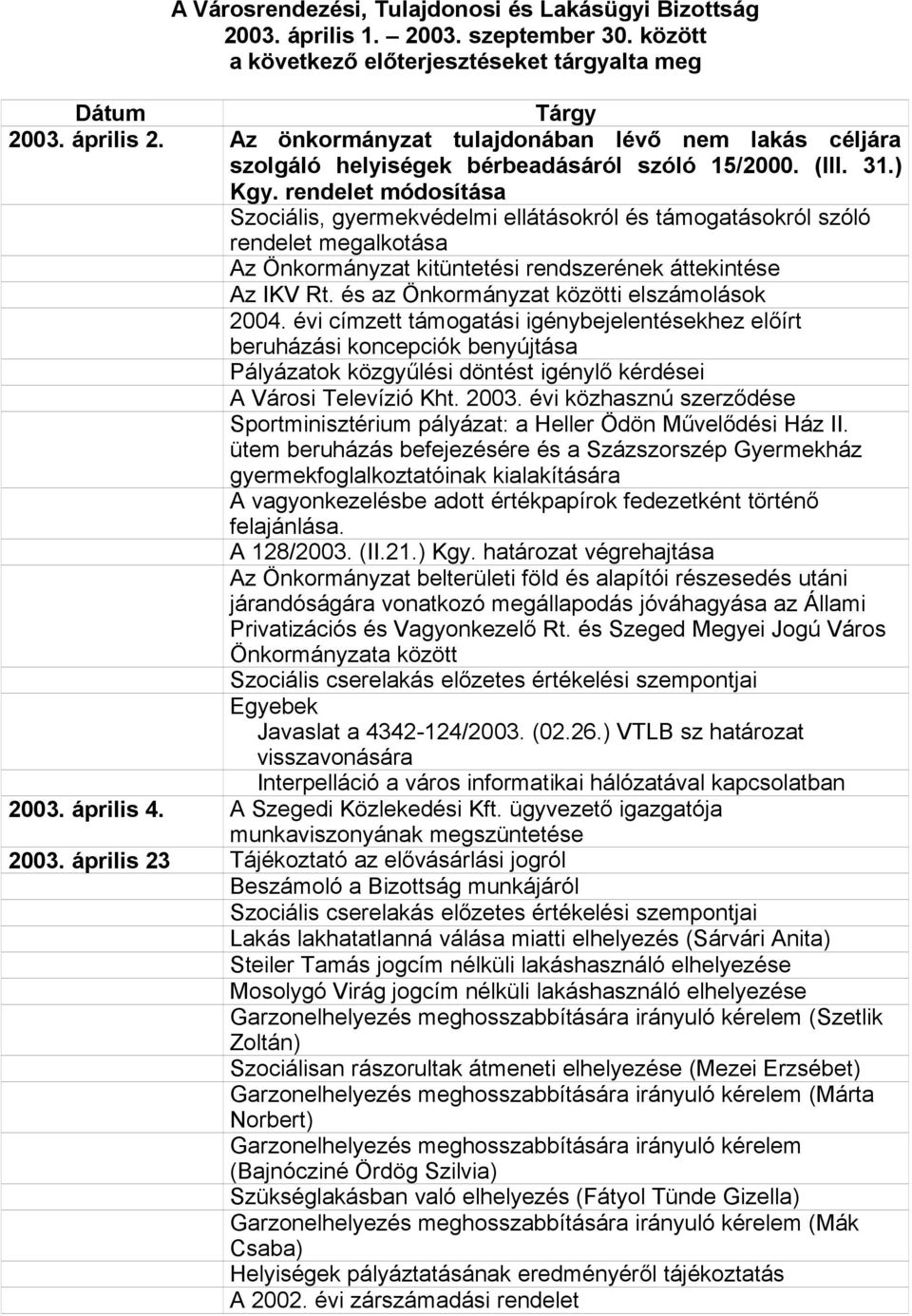 rendelet módosítása Szociális, gyermekvédelmi ellátásokról és támogatásokról szóló rendelet megalkotása Az Önkormányzat kitüntetési rendszerének áttekintése Az IKV Rt.