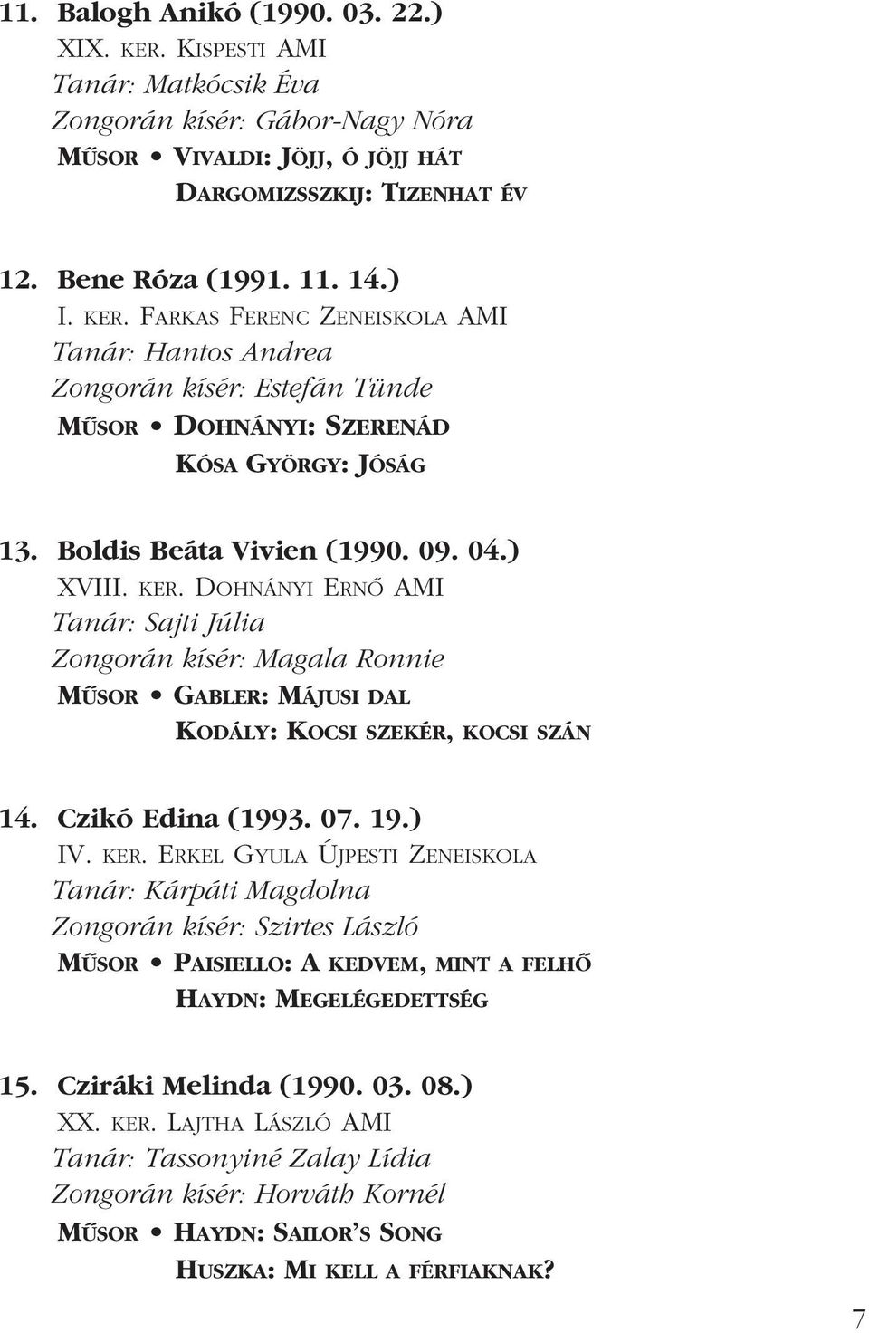 Czikó Edina (1993. 07. 19.) IV. KER. ERKEL GYULA ÚJPESTI ZENEISKOLA Tanár: Kárpáti Magdolna Zongorán kísér: Szirtes László MÛSOR PAISIELLO: A KEDVEM, MINT A FELHÔ HAYDN: MEGELÉGEDETTSÉG 15.