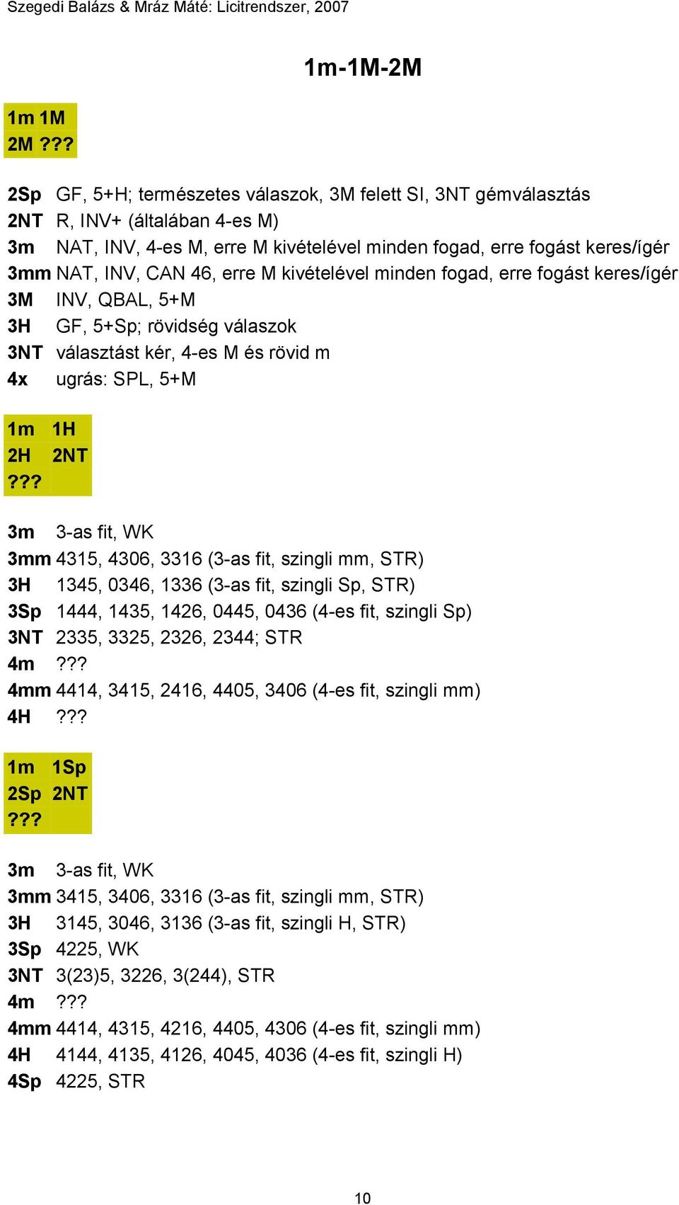 3-as fit, WK 3mm 4315, 4306, 3316 (3-as fit, szingli mm, STR) 3H 1345, 0346, 1336 (3-as fit, szingli Sp, STR) 3Sp 1444, 1435, 1426, 0445, 0436 (4-es fit, szingli Sp) 3NT 2335, 3325, 2326, 2344; STR