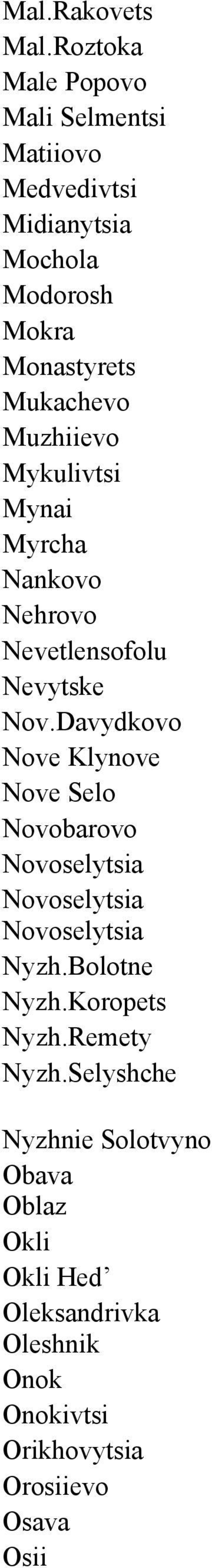 Muzhiievo Mykulivtsi Mynai Myrcha Nankovo Nehrovo Nevetlensofolu Nevytske Nov.