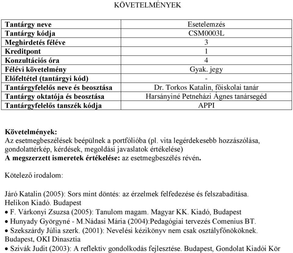 Kötelező irodalom: Járó Katalin (2005): Sors mint döntés: az érzelmek felfedezése és felszabadítása. Helikon Kiadó. Budapest F. Várkonyi Zsuzsa (2005): Tanulom magam. Magyar KK.