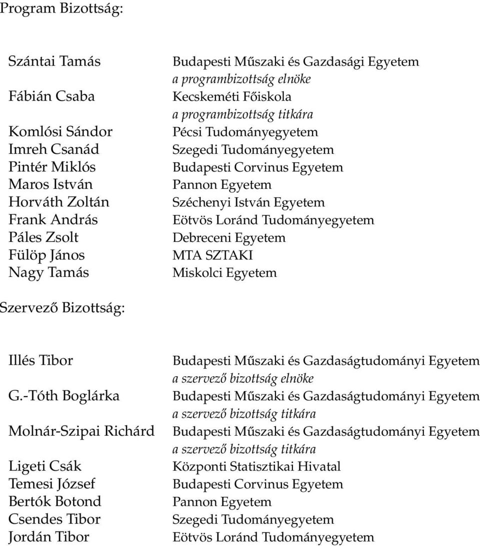 Eötvös Loránd Tudományegyetem Debreceni Egyetem MTA SZTAKI Miskolci Egyetem Szervező Bizottság: Illés Tibor Budapesti Műszaki és Gazdaságtudományi Egyetem a szervező bizottság elnöke G.