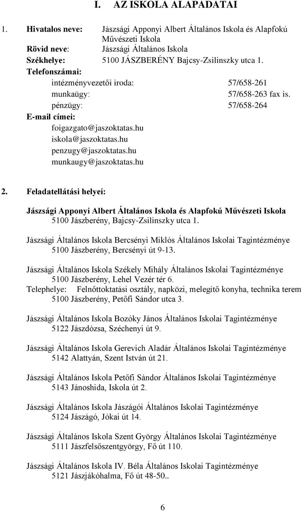 Telefonszámai: intézményvezetői iroda: 57/658-261 munkaügy: 57/658-263 fax is. pénzügy: 57/658-264 E-mail címei: foigazgato@jaszoktatas.hu iskola@jaszoktatas.hu penzugy@jaszoktatas.