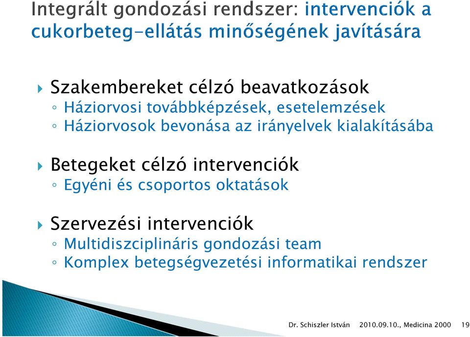 Egyéni és csoportos oktatások Szervezési intervenciók Multidiszciplináris