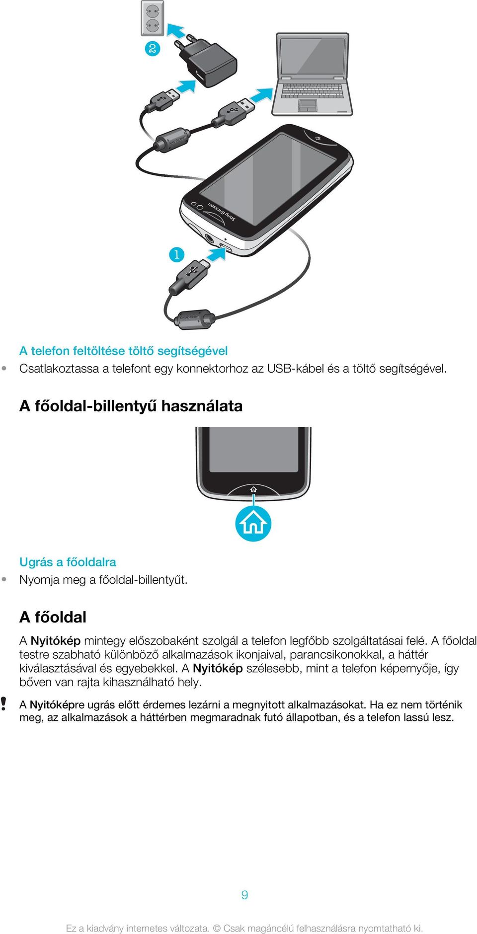 A főoldal testre szabható különböző alkalmazások ikonjaival, parancsikonokkal, a háttér kiválasztásával és egyebekkel.