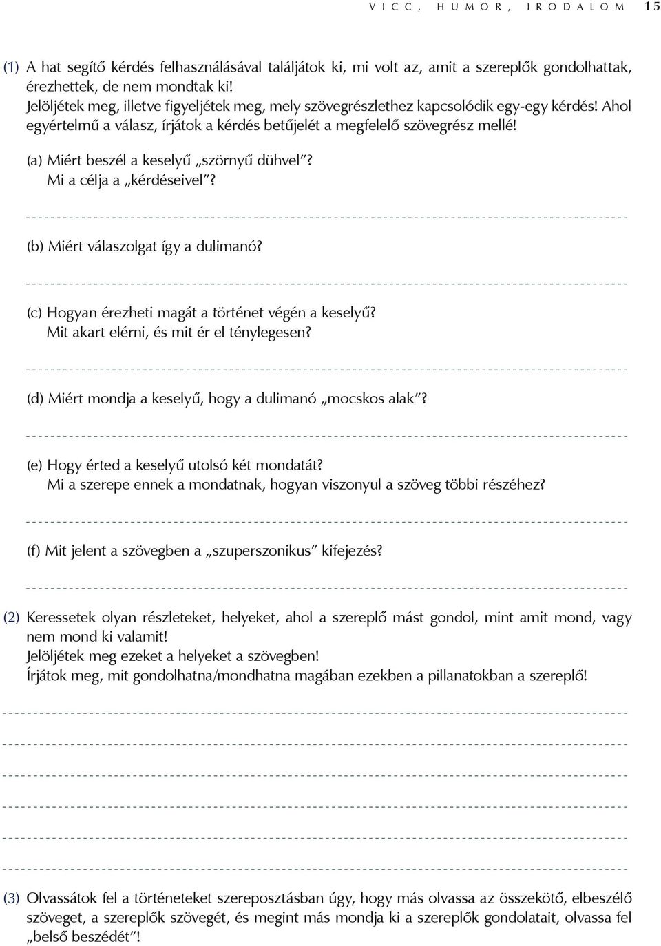 (a) Miért beszél a keselyű szörnyű dühvel? Mi a célja a kérdéseivel? (b) Miért válaszolgat így a dulimanó? (c) Hogyan érezheti magát a történet végén a keselyű?