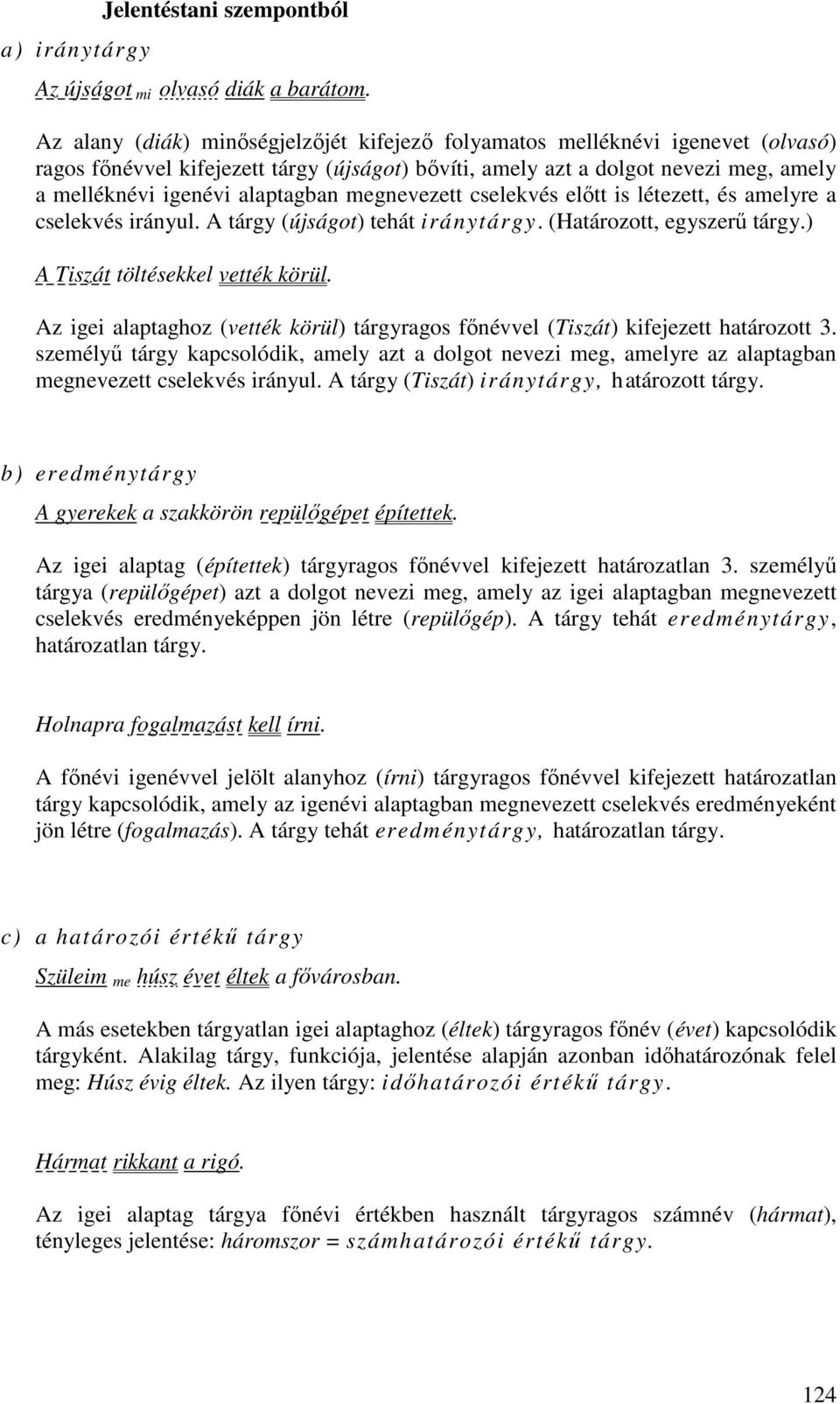 megnevezett cselekvés elıtt is létezett, és amelyre a cselekvés irányul. A tárgy (újságot) tehát iránytárgy. (Határozott, egyszerő tárgy.) A Tiszát töltésekkel vették körül.