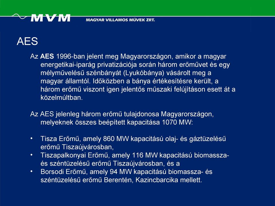 Az AES jelenleg három erőmű tulajdonosa Magyarországon, melyeknek összes beépített kapacitása 1070 MW: Tisza Erőmű, amely 860 MW kapacitású olaj- és gáztüzelésű erőmű