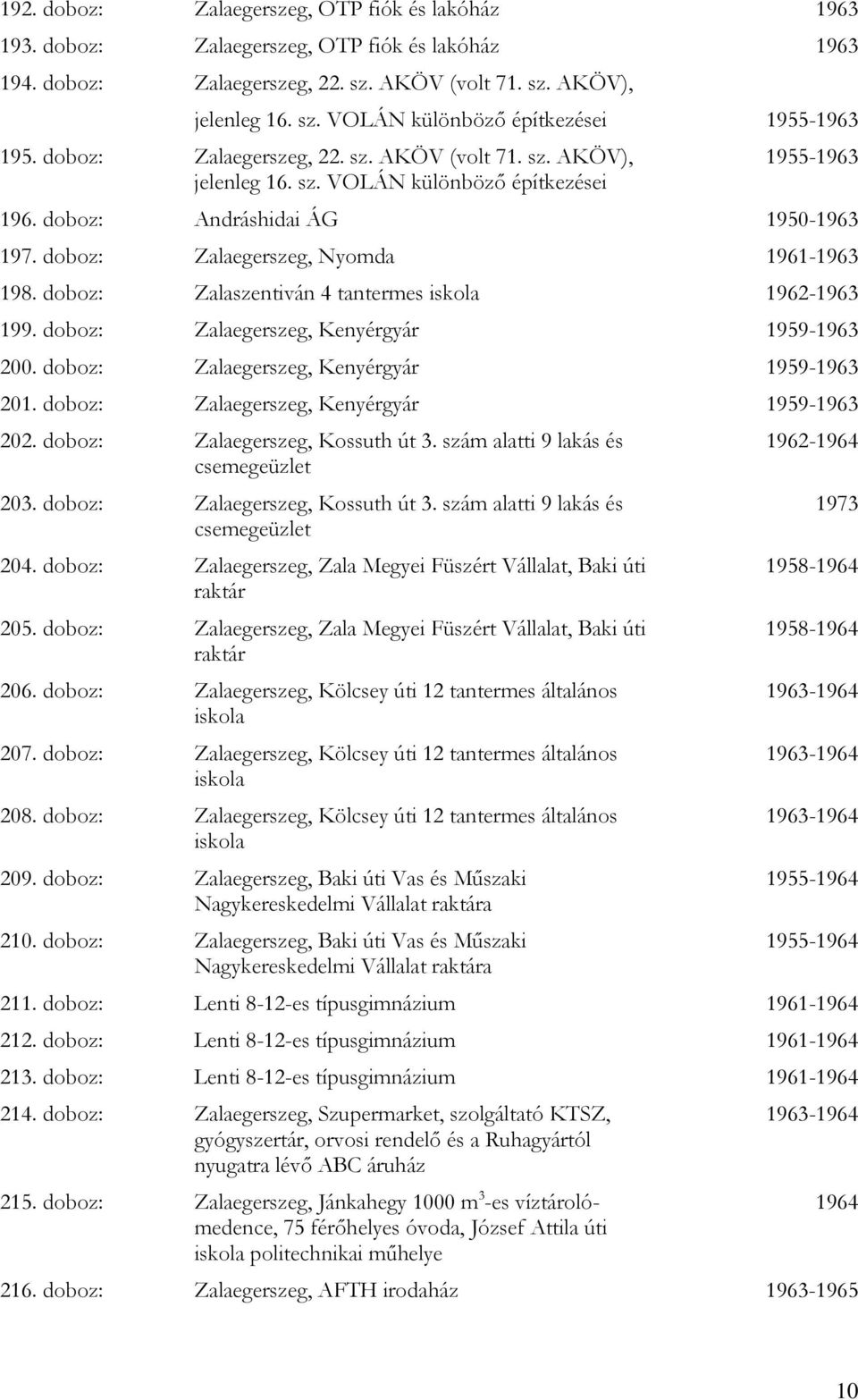 doboz: Zalaszentiván 4 tantermes iskola 1962-1963 199. doboz: Zalaegerszeg, Kenyérgyár 1959-1963 200. doboz: Zalaegerszeg, Kenyérgyár 1959-1963 201. doboz: Zalaegerszeg, Kenyérgyár 1959-1963 202.