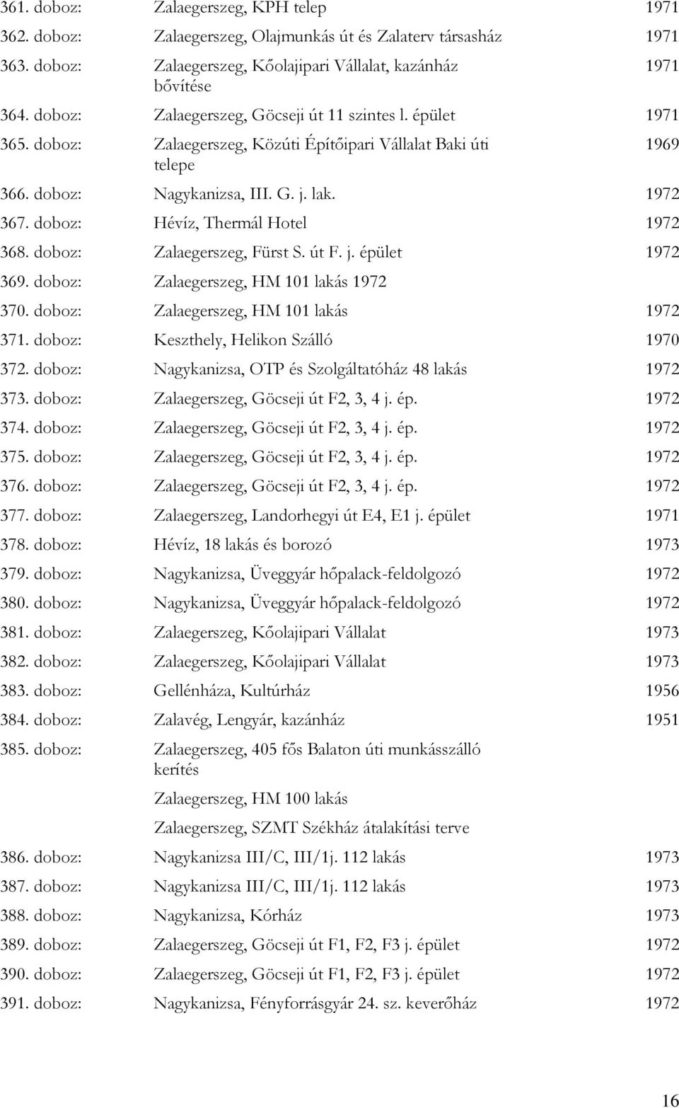 doboz: Hévíz, Thermál Hotel 1972 368. doboz: Zalaegerszeg, Fürst S. út F. j. épület 1972 369. doboz: Zalaegerszeg, HM 101 lakás 1972 370. doboz: Zalaegerszeg, HM 101 lakás 1972 371.