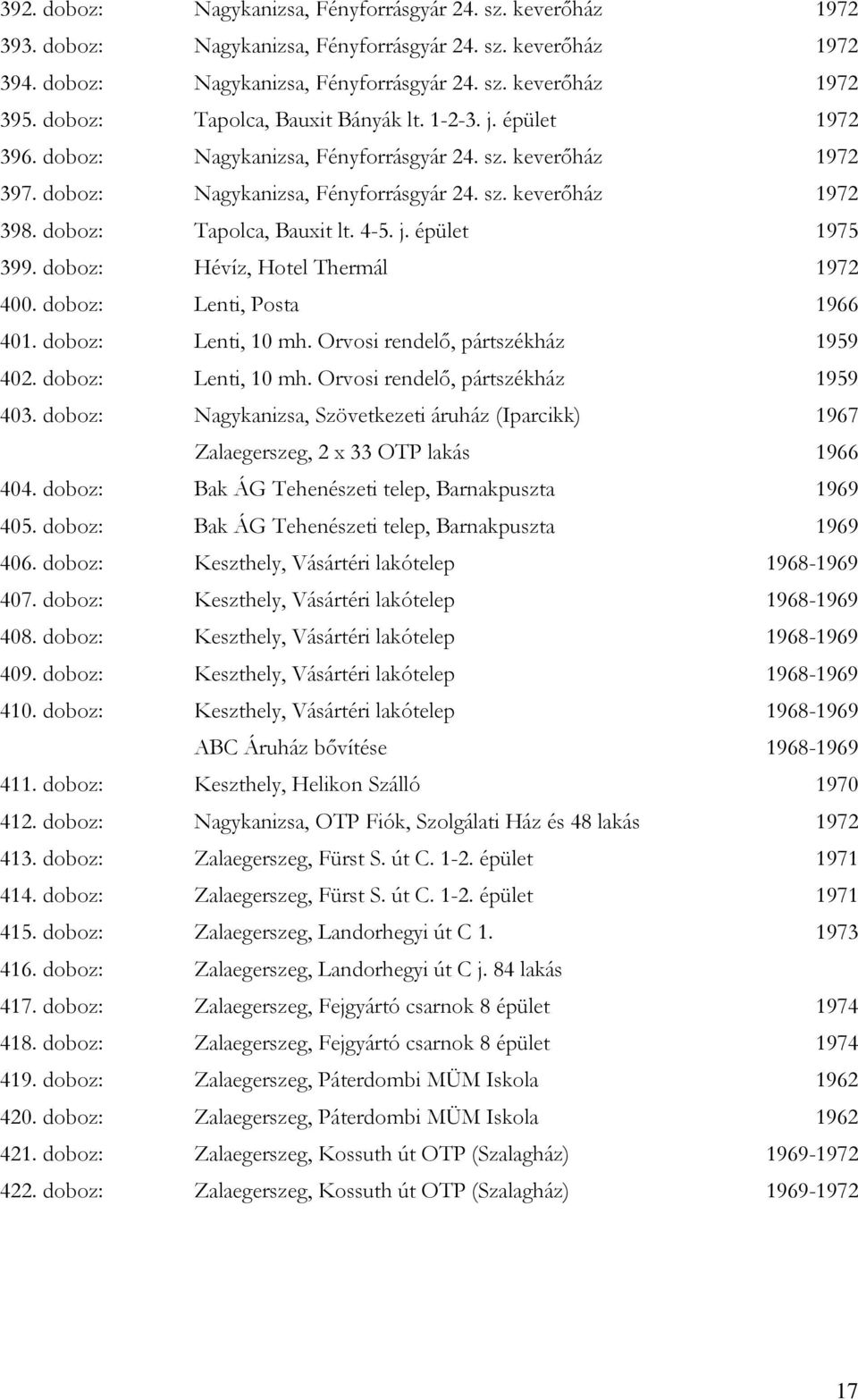 doboz: Tapolca, Bauxit lt. 4-5. j. épület 1975 399. doboz: Hévíz, Hotel Thermál 1972 400. doboz: Lenti, Posta 1966 401. doboz: Lenti, 10 mh. Orvosi rendelő, pártszékház 1959 402. doboz: Lenti, 10 mh. Orvosi rendelő, pártszékház 1959 403.
