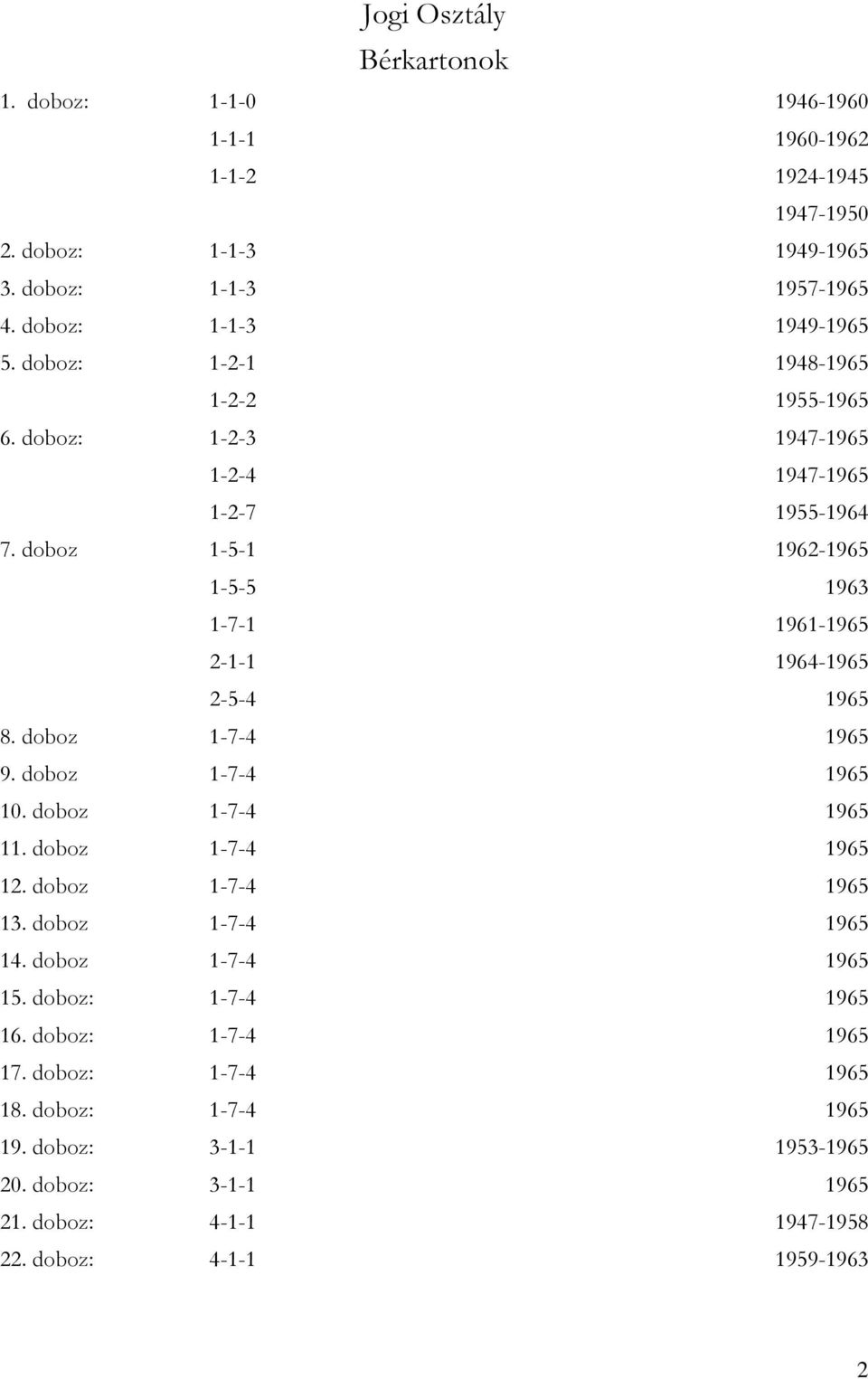 doboz 1-5-1 1962-1965 1-5-5 1963 1-7-1 1961-1965 2-1-1 1964-1965 2-5-4 1965 8. doboz 1-7-4 1965 9. doboz 1-7-4 1965 10. doboz 1-7-4 1965 11. doboz 1-7-4 1965 12.
