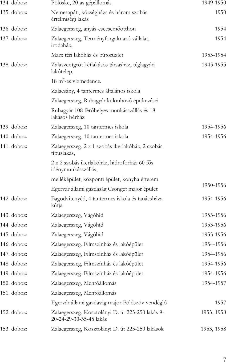 Zalacsány, 4 tantermes általános iskola Zalaegerszeg, Ruhagyár különböző építkezései Ruhagyár 108 férőhelyes munkásszállás és 18 lakásos bérház 1950 1954 1953-1954 1945-1955 139.