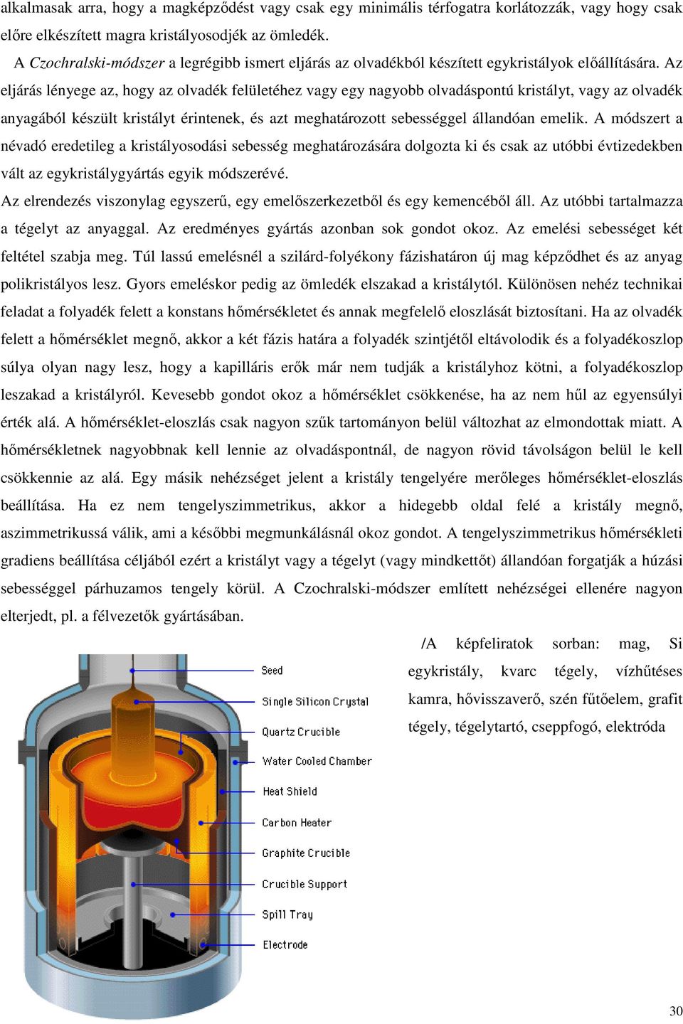 Az eljárás lényege az, hogy az olvadék felületéhez vagy egy nagyobb olvadáspontú kristályt, vagy az olvadék anyagából készült kristályt érintenek, és azt meghatározott sebességgel állandóan emelik.