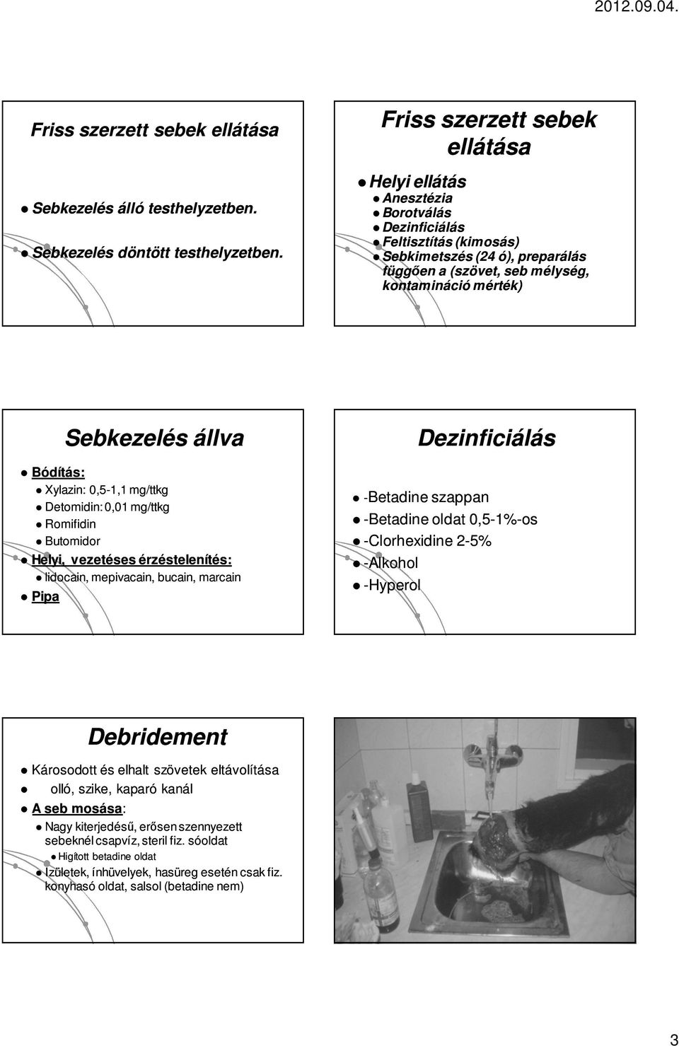 állva Bódítás: Xylazin: 0,5-1,1 mg/ttkg Detomidin: 0,01 mg/ttkg Romifidin Butomidor Helyi, vezetéses érzéstelenítés: lidocain, mepivacain, bucain, marcain Pipa Dezinficiálás -Betadine szappan